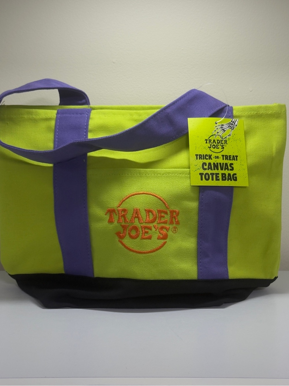 NWT-Trader Joe's Lime Green Canvas Tote with Purple Handles